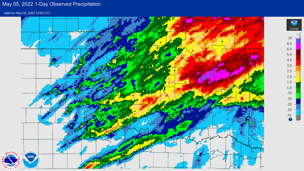 24-hour Multisensor Precipitation Totals ending at 7:00 am CDT on May 5, 2022