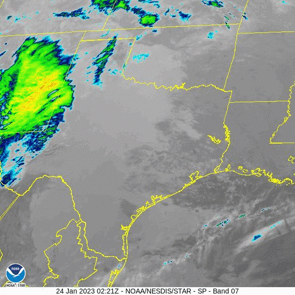 Band 7 3.9 Î¼m Snow/Ice Shortwave Window - IR Satellite Loop of the Southern U.S. Plains Region from 8:21 pm CST in January 23 through at 1:51 am CST on January 25, 2023