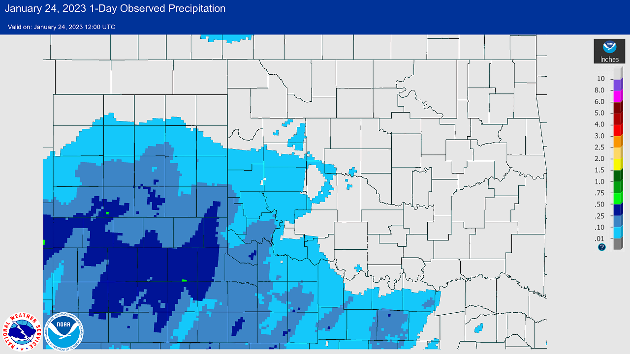 24-hr Precipitation Amounts Ending at 6 AM CST on January 24, 2023 Snowfall Event in Central/Western Oklahoma