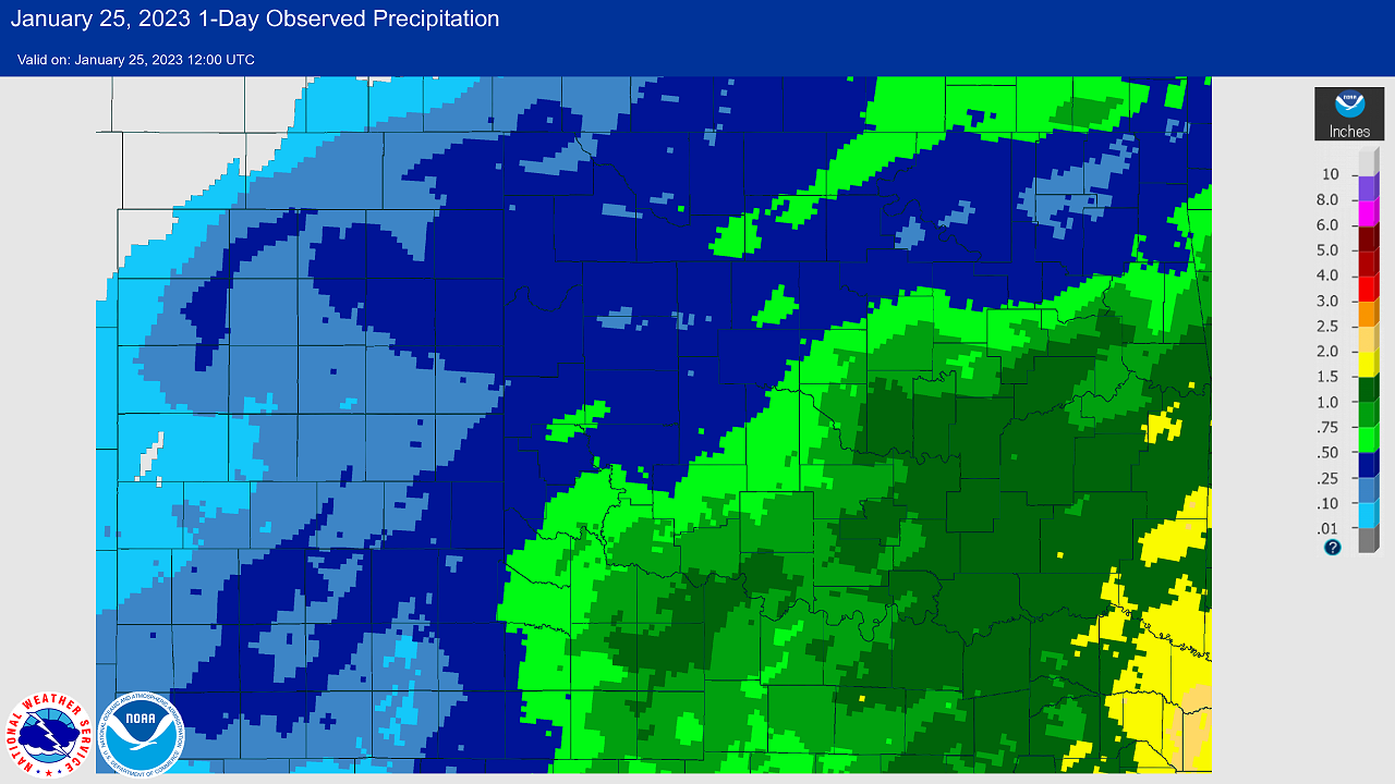 24-hr Precipitation Amounts Ending at 6 AM CST on January 25, 2023 Snowfall Event in Central/Western Oklahoma