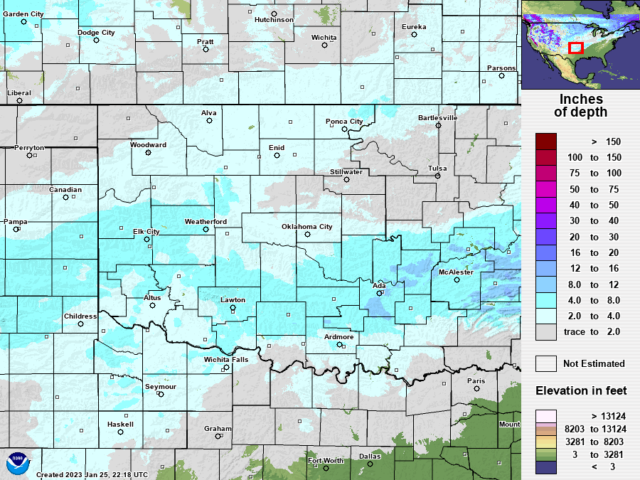 Storm Total Snowfall Map at 6 AM CST on January 25, 2023 Created by the National Operational Hydrologic Remote Sensing Center (NOHRSC)