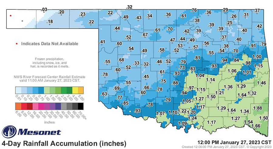 96-hour Precipitation Amounts and Oklahoma Mesonet Precipitation Totals Ending at 12 PM CST on January 27, 2023