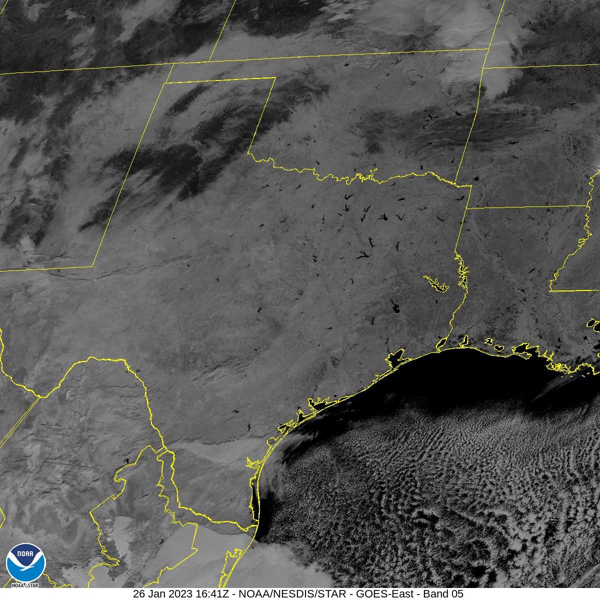 Band 5 1.6 Î¼m Snow/Ice Near IR Satellite Image of the Southern U.S. Plains Region  at 10:41 am CST on January 26, 2023