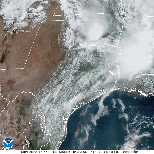 Regional Geocolor Satellite Loop from 12:56 pm to 11:01 pm CDT on May 11, 2023