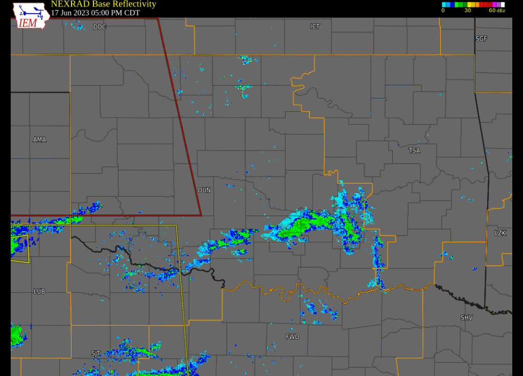 Regional Radar Reflectivity Loop with Watch and Warning Polygons from 5:00 pm CDT on June 15, 2023 to 4:00 am CDT on June 16, 2023 Created Via the ISU Iowa Environmental Mesonet Website