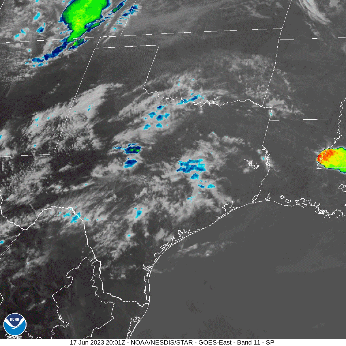 Regional Band 11 Cloud Top Infrared Satellite Loop from 4:01 pm CDT June 17, 2023 to 1:01 am CDT on June 18, 2023
