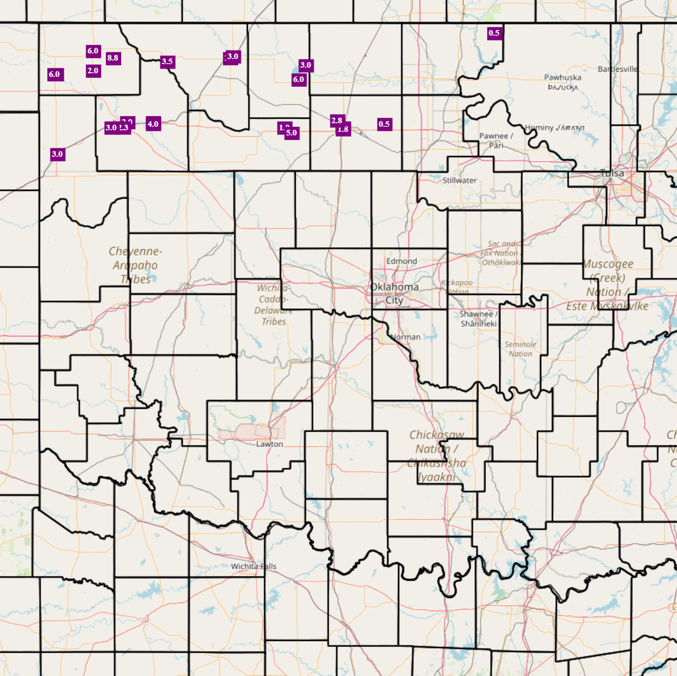 Local Storm Report Snowfall Amounts for the November 25, 2023 Snowfall Event in Western/Northern Oklahoma