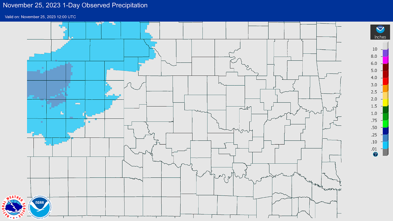 24-hr Precipitation Amounts Ending at 6 AM CST on November 25, 2023 Snowfall Event in Western/Northern Oklahoma