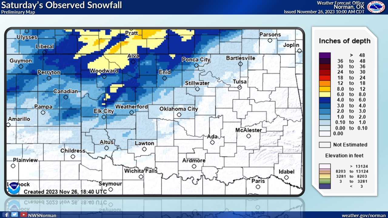 Total Snowfall Amounts for the November 25, 2023 Snowfall Event in Western/Northern Oklahoma
