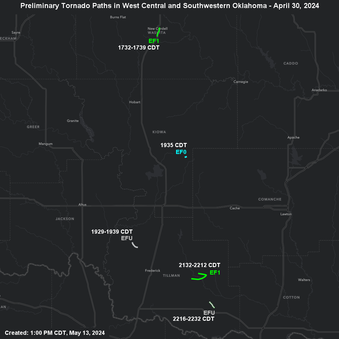 Preliminary Tornado Damage Paths in the NWS Norman Forecast Area for the April 30, 2024 Severe Weather Event