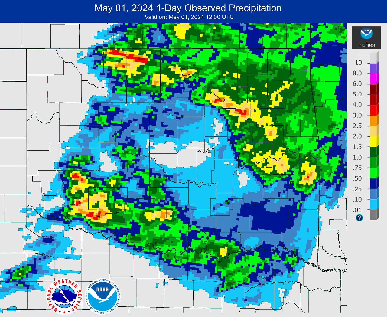 24-hour Observed Rainfall at 7 AM CDT on May 1, 2024