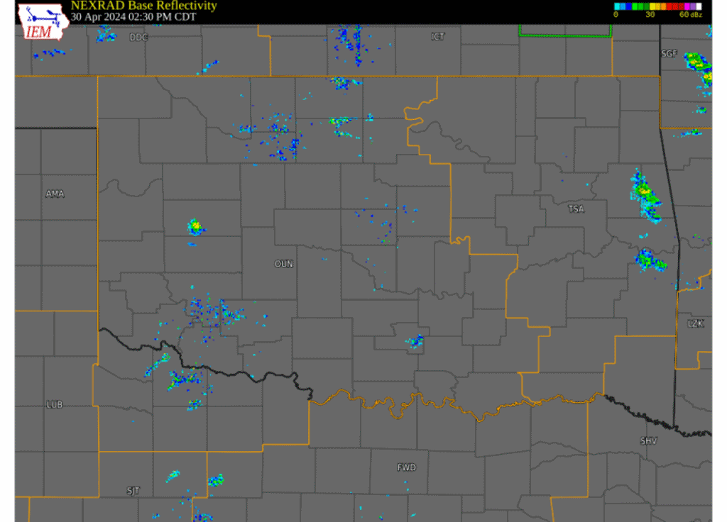 Regional Radar Reflectivity Loop with Watch and Warning Polygons from 2:30 pm on April 30, 2024 to 3:00 am CDT on May 1, 2024 - Created Via the ISU Iowa Environmental Mesonet Website