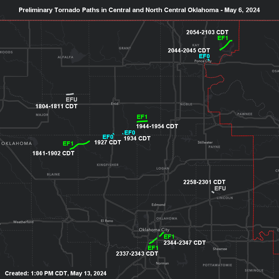 Preliminary Tornado Damage Paths in the NWS Norman Forecast Area for the May 6-7, 2024 Severe Weather and Tornado Outbreak