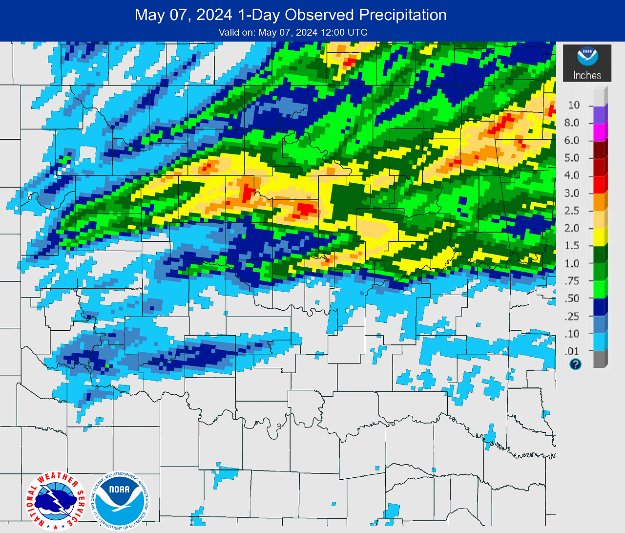 24-hour Observed Rainfall at 7 AM CDT on May 7, 2024