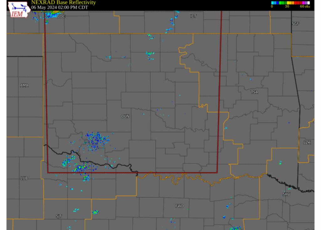 Regional Radar Reflectivity Loop with Watch and Warning Polygons from 2:00 pm on May 6, 2024 to 2:00 am CDT on May 7, 2024 Created Via the ISU Iowa Environmental Mesonet Website