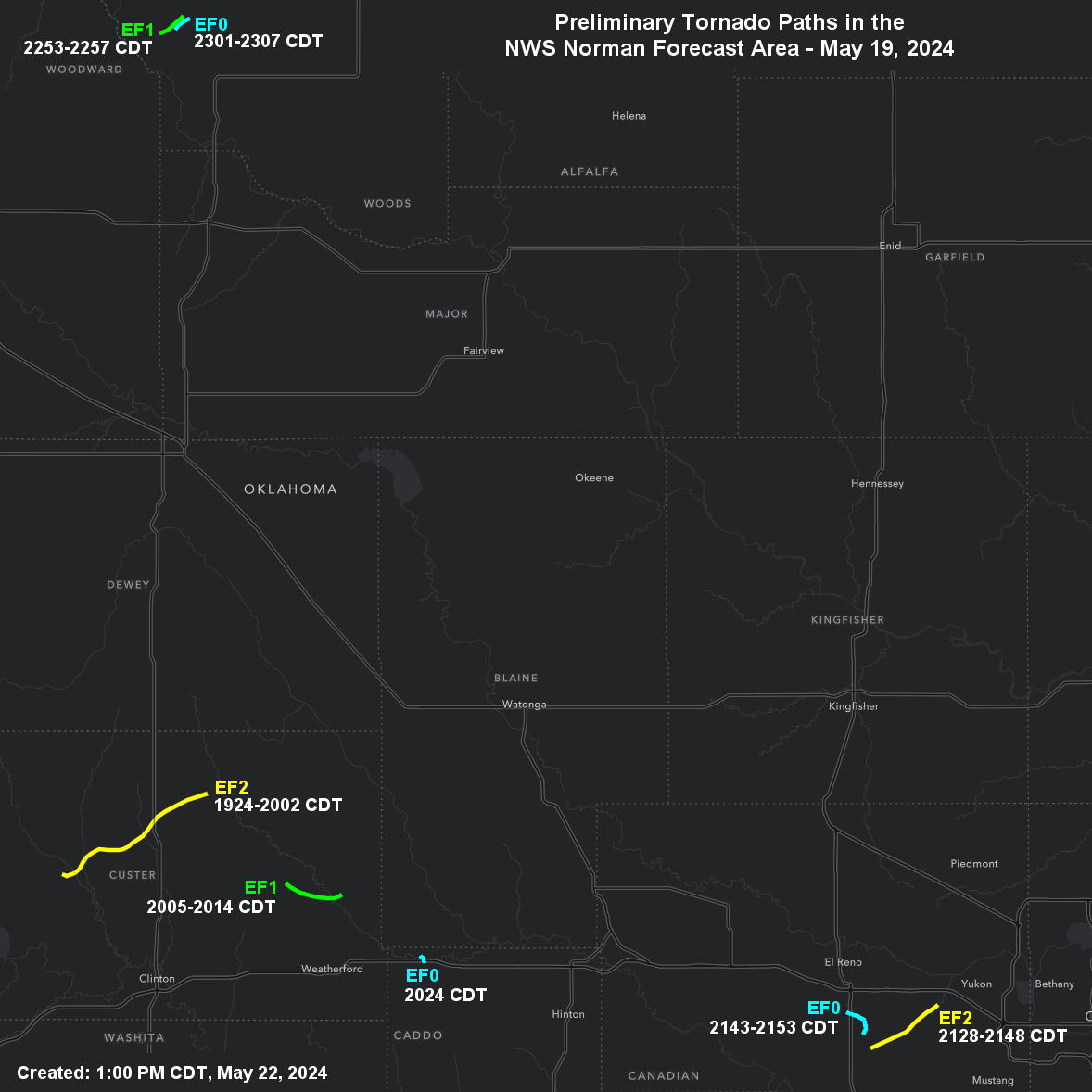 Preliminary Tornado Damage Paths in the NWS Norman Forecast Area for the May 19, 2024 Severe Weather Event