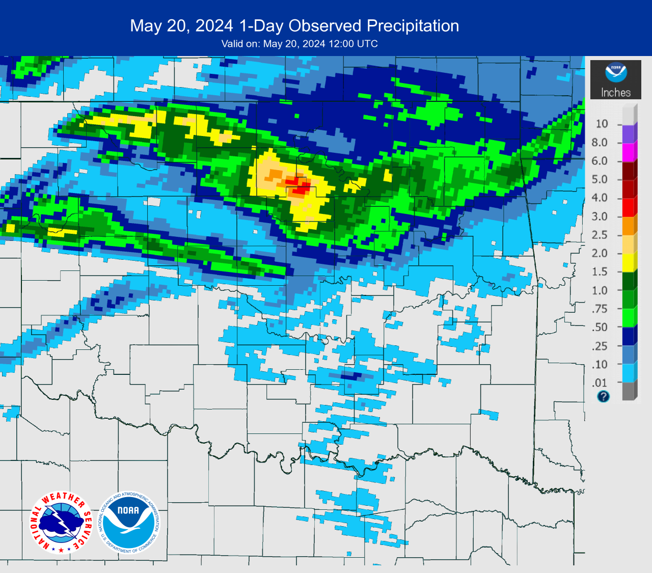 24-hour Observed Rainfall at 7 AM CDT on May 20, 2024