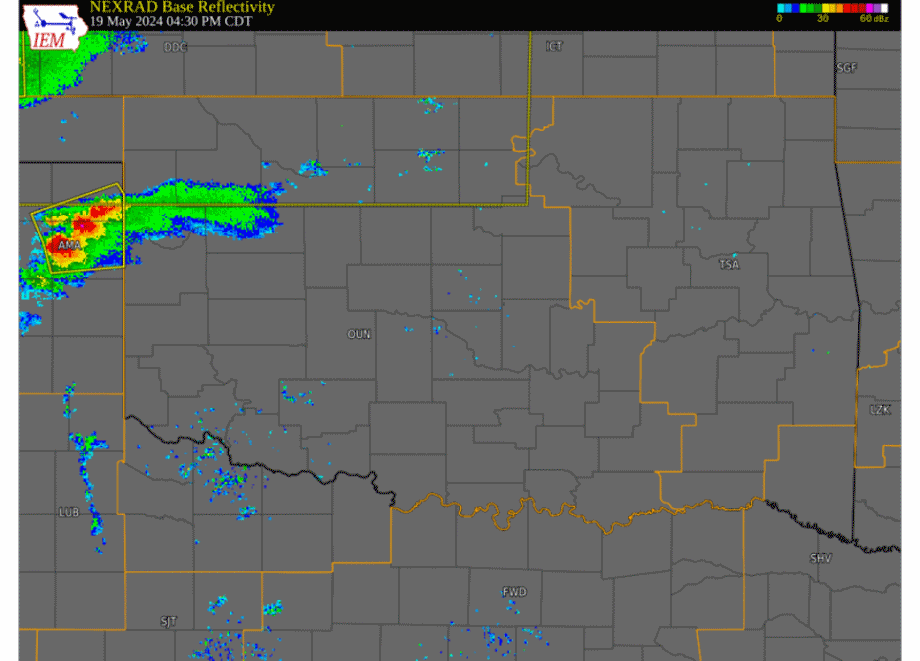 Regional Radar Reflectivity Loop with Watch and Warning Polygons from 4:30 pm on May 19, 2024 to 4:30 am Created Via the ISU Iowa Environmental Mesonet Website
