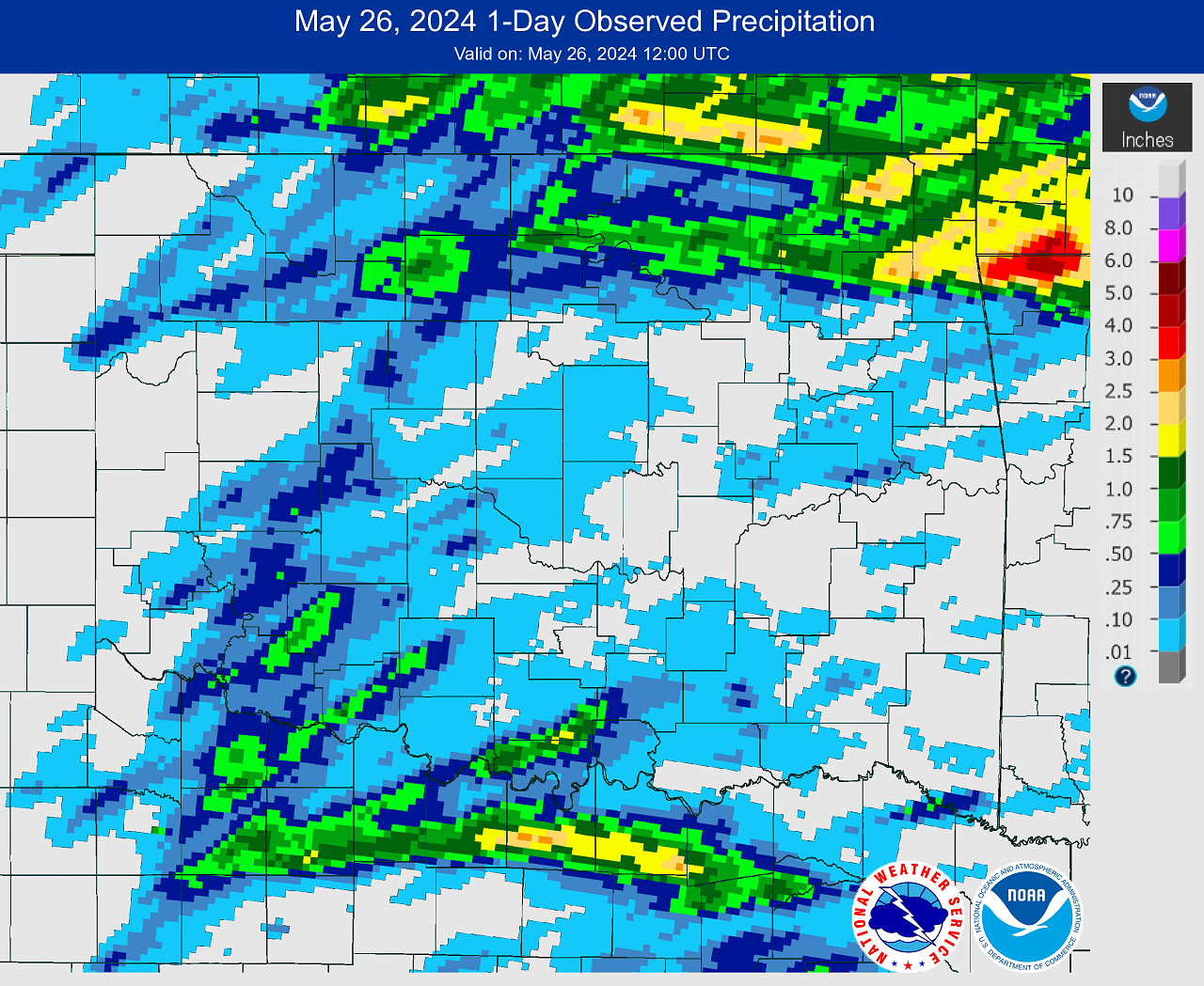 24-hour Observed Rainfall at 7 AM CDT on May 26, 2024