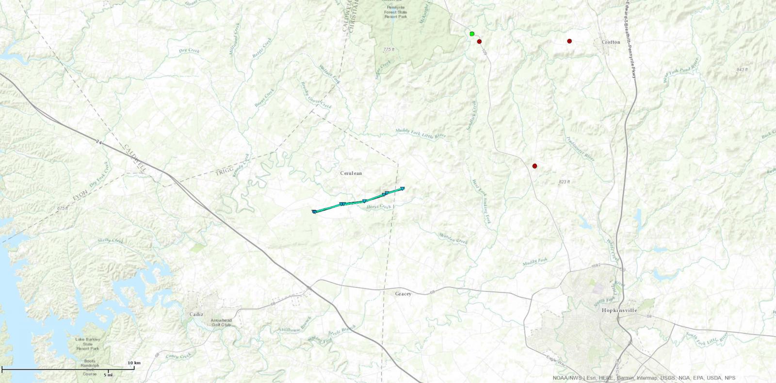 Track Map of EF0 tornado in Trigg and Christian counties on March 27, 2017