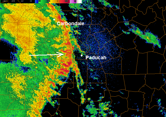 Radar image of bow echo from Carbondale to just west of Paducah