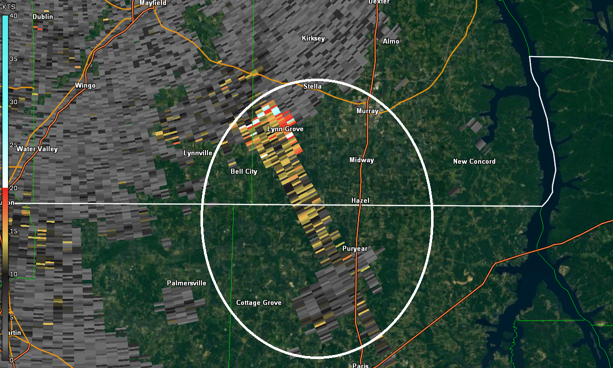 Radar Image of spectrum width showing another three body scatter spike, indicative of large hail at 110 PM CDT