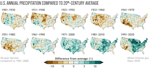 Two rows of small US maps showing annual U.S. precipitation during each official Normals compares to the 20th-century average