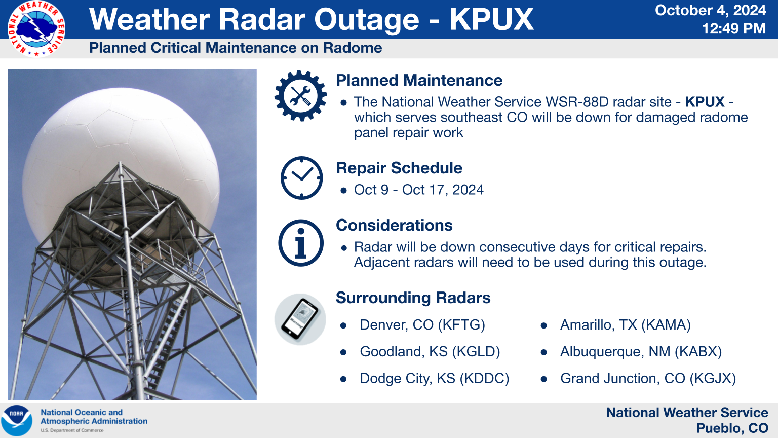 The National Weather Service radar (KPUX) will be down for an extended period of time, beginning the afternoon of 10/9 and lasting through 10/17 for routine maintenance.