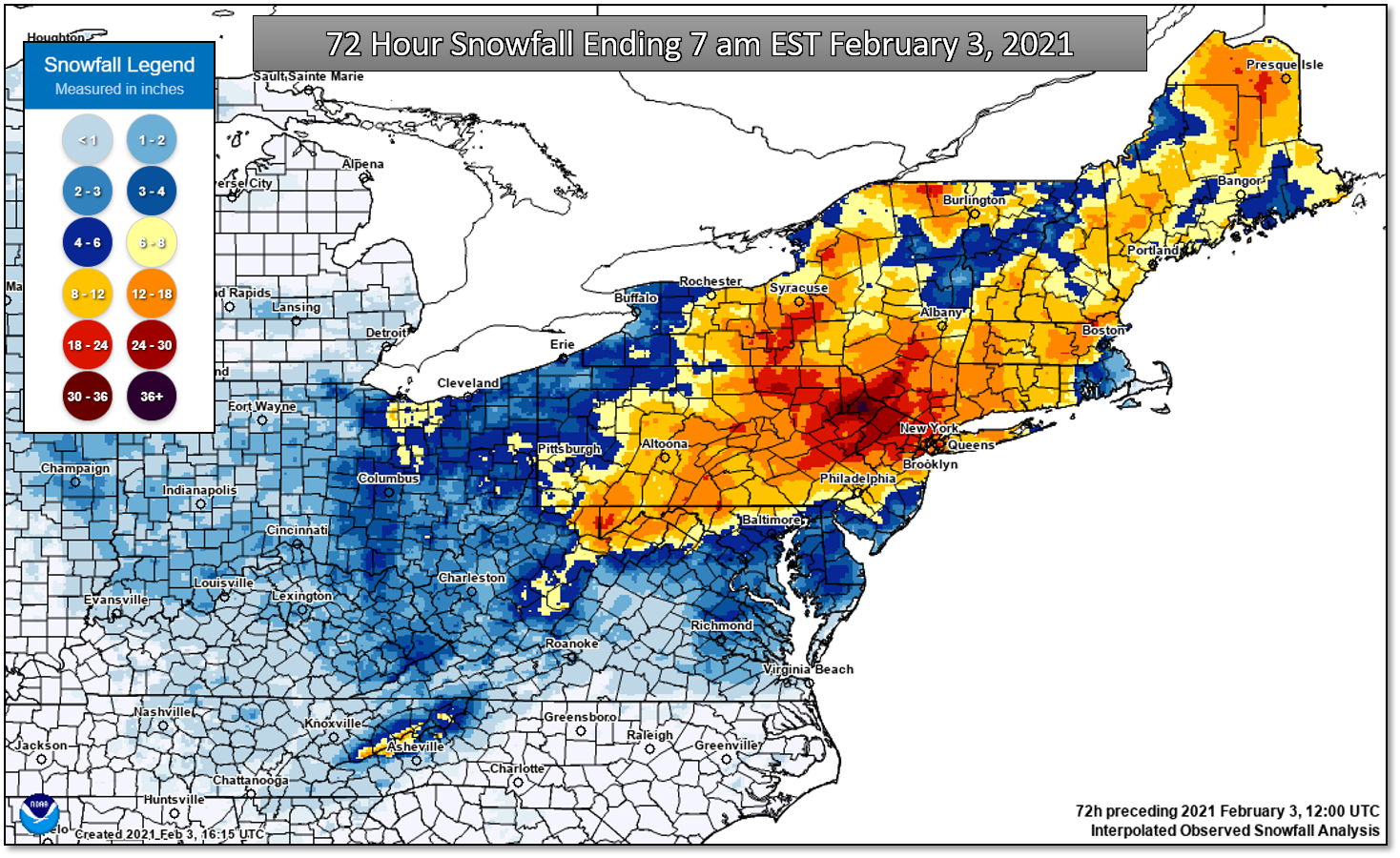 Storm Total Snowfall January 30 through the morning of February 3, 2021