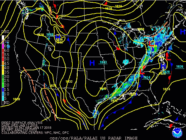 This is a loop of the fronts starting Tuesday Evening Jan 16th, and going 24 hours until Wednesday Evening Jan 17th.