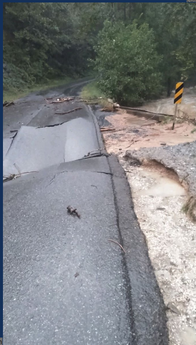 Indian Rock Road collapsed due to flooding of Renick Run