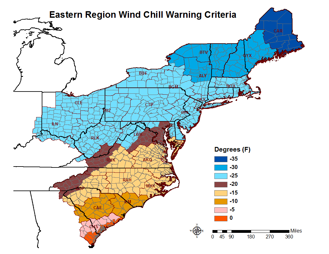 Wind Chill Warning Criteria map