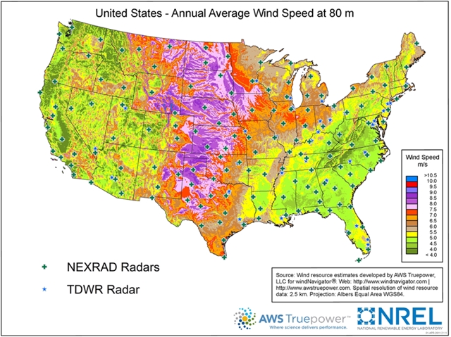 80-meter Wind Resource Map with Weather Radar Locations