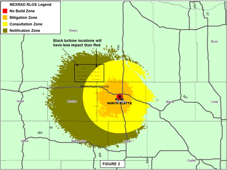 Figure 2 Radar Line of Site for North Platte NEXRAD with proposed turbine impacts