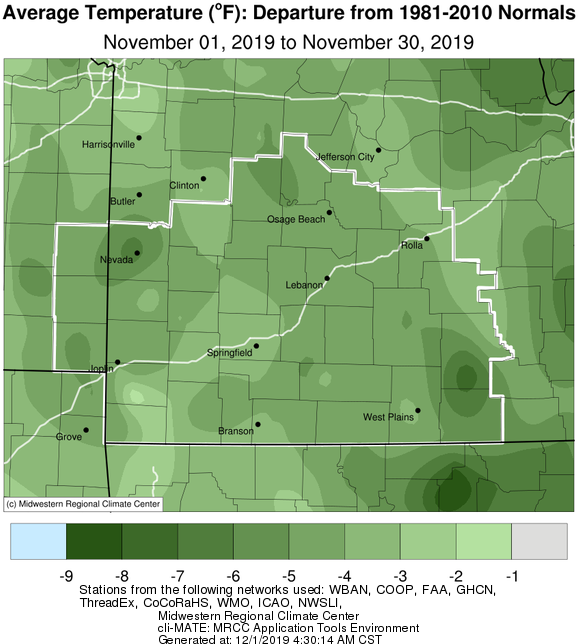 November 2019 Average Temperature Departure from Normal