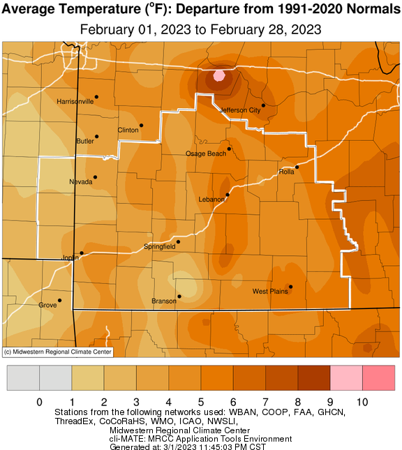 February 2023 Average Temperature Departure from Normal