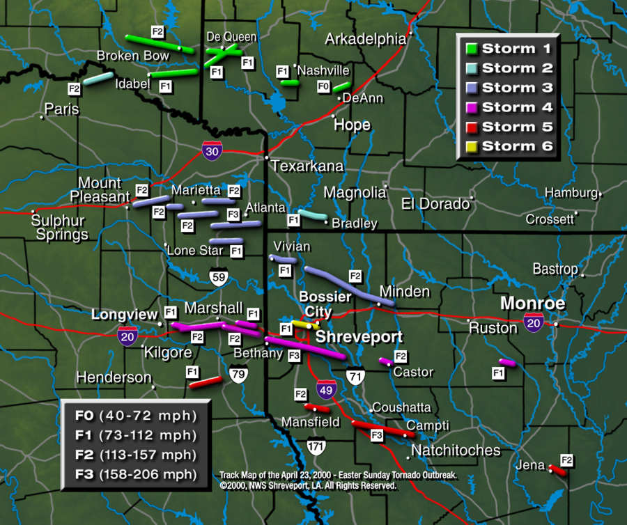 Map showing the tracks of the tornadoes on April 3, 1999