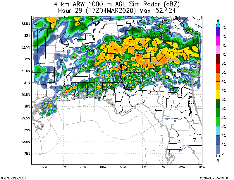 WRF ARW 4KM Max 1km Simulated Radar