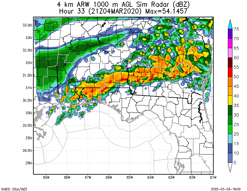 WRF ARW 4KM Max 1km Simulated Radar