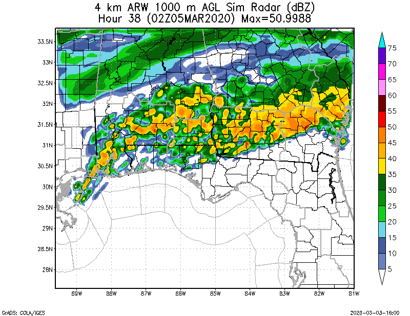 WRF ARW 4KM Max 1km Simulated Radar