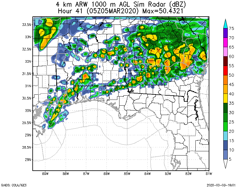 WRF ARW 4KM Max 1km Simulated Radar