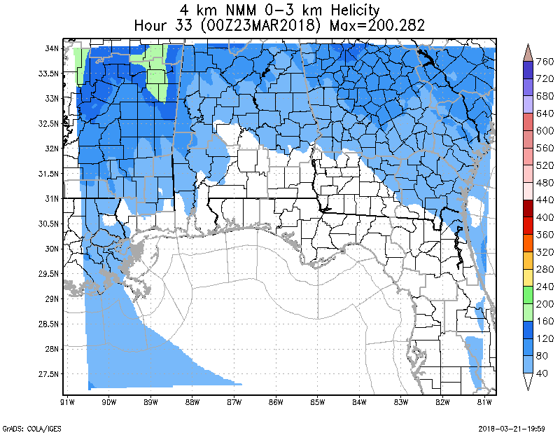 WRF NMM 4KM 0 to 3km Storm Relative Helicity