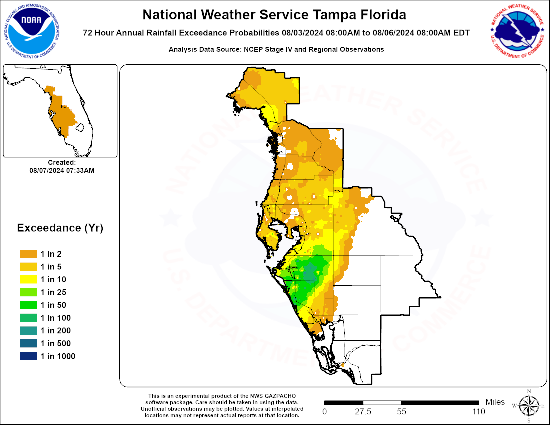 Hurricane Debby 72-Hr Annual Exceedance Probability. Please note, not all data may be considered official.