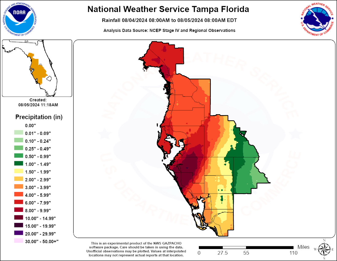 Hurricane Debby Rainfall Analysis. Please note, not all data may be considered official.