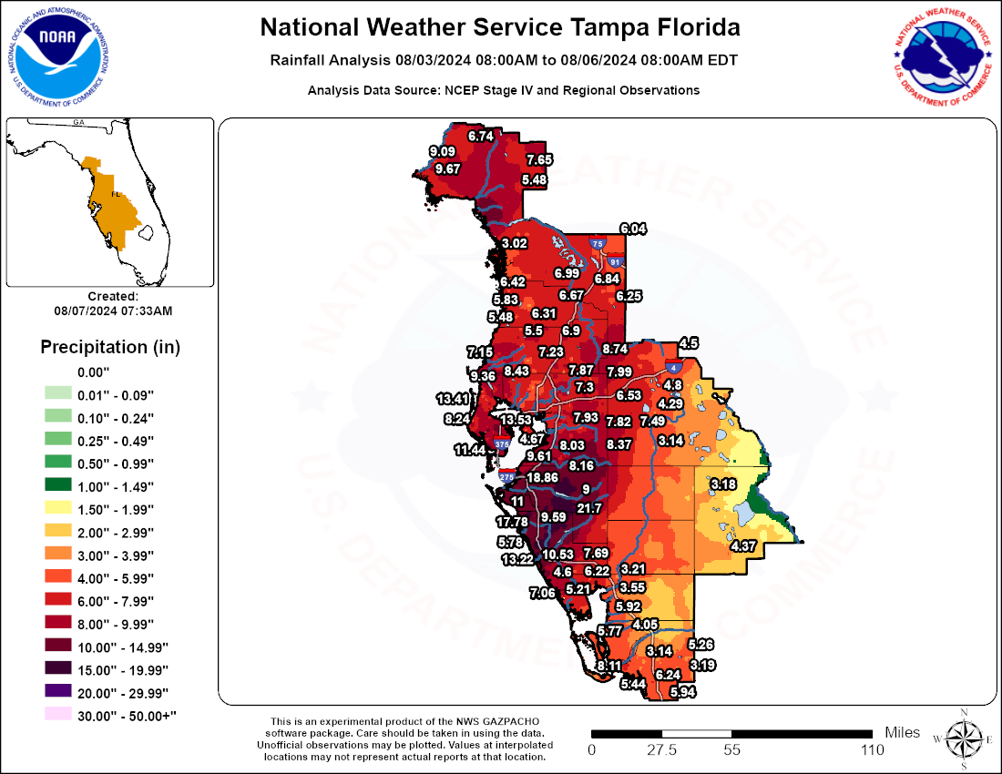 Hurricane Debby Rainfall Analysis. Please note, not all data may be considered official.