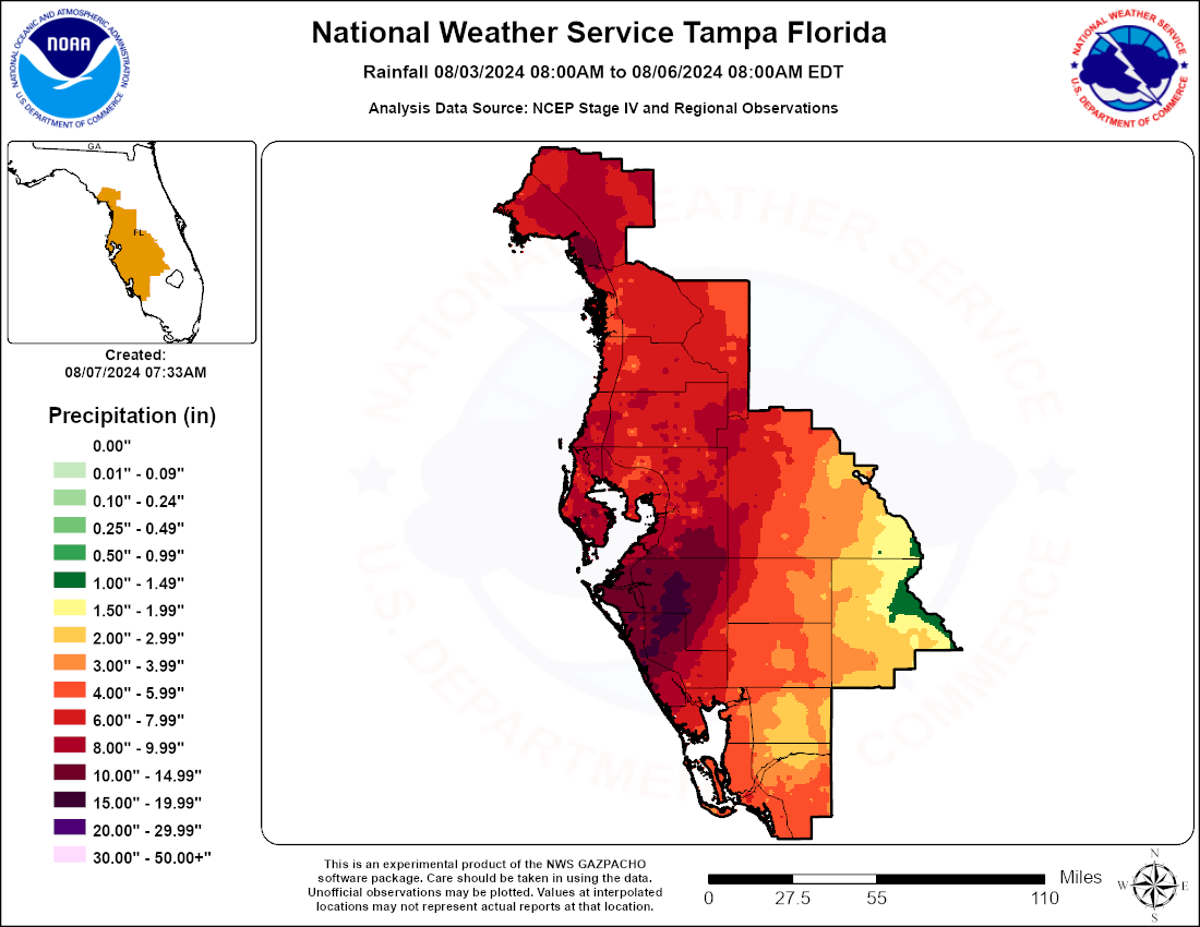 Hurricane Debby Rainfall Analysis. Please note, not all data may be considered official.