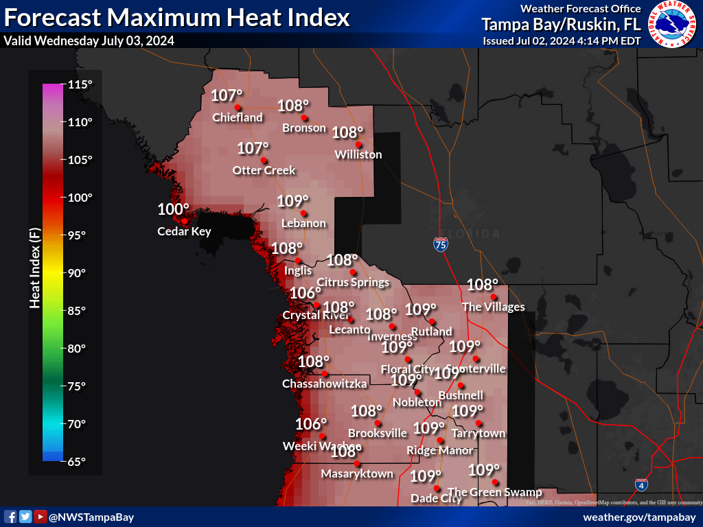 Maximum Heat Index for Day 1 across the Nature Coast