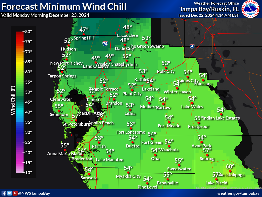 Minimum Wind Chill for Night 1 across West Central Florida