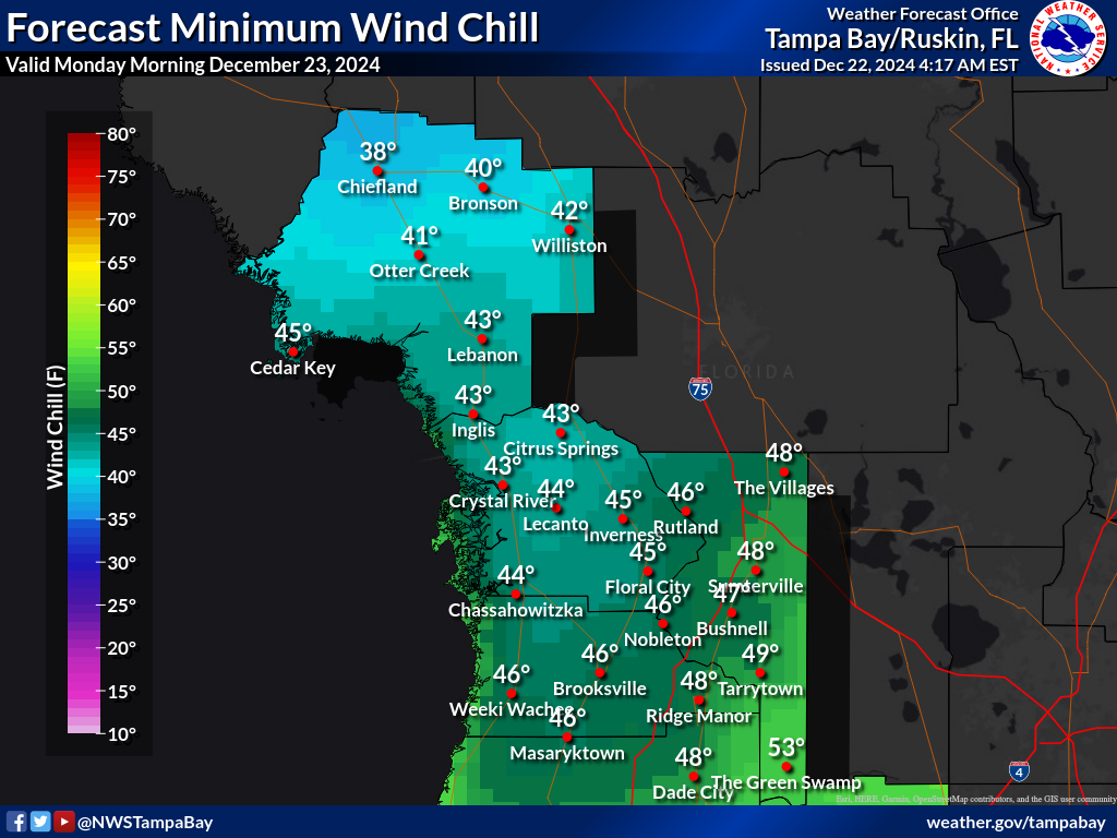 Minimum Wind Chill for Night 1 across the Nature Coast