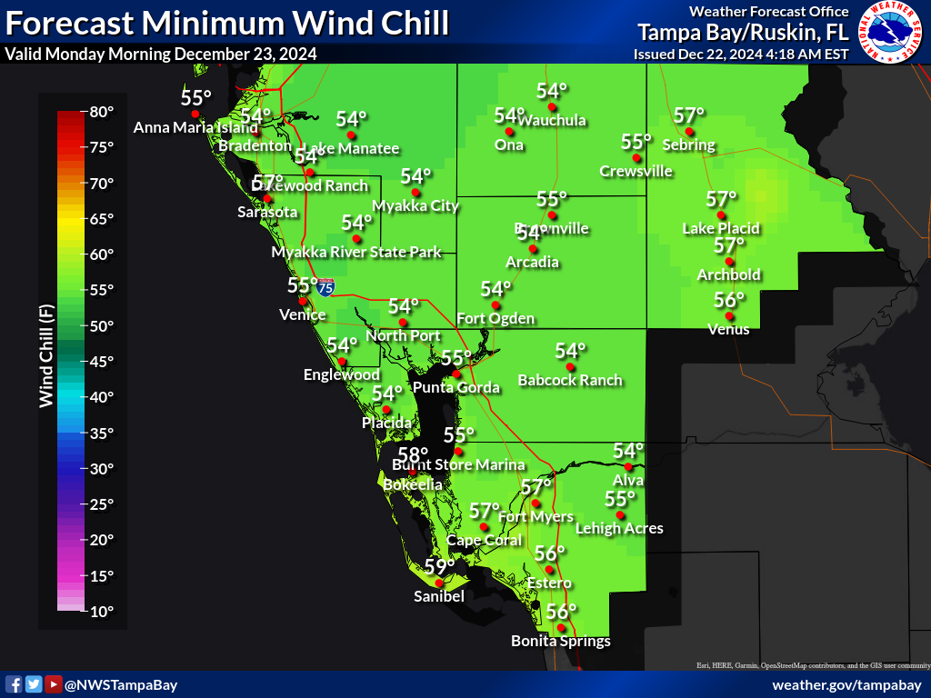 Minimum Wind Chill for Night 1 across Southwest Florida